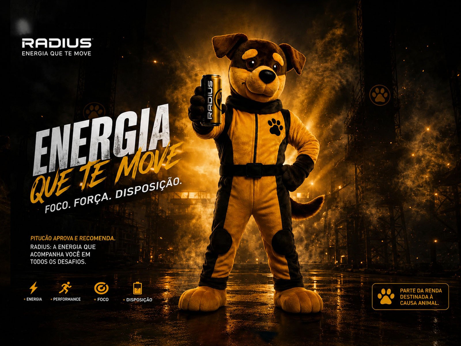 Mascote Pituco com a linha Radius